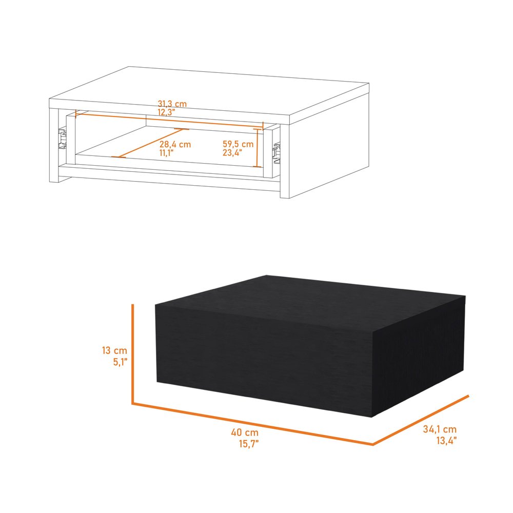 16" Black Wood One Drawer Floating Nightstand