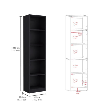 71" Black Five Tier Bookcase