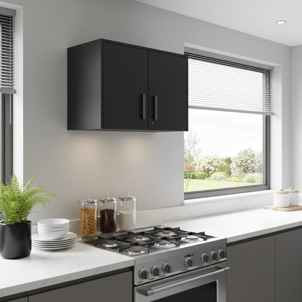 28" Black Wall mounted Accent Cabinet With Six Shelves And Three Drawers