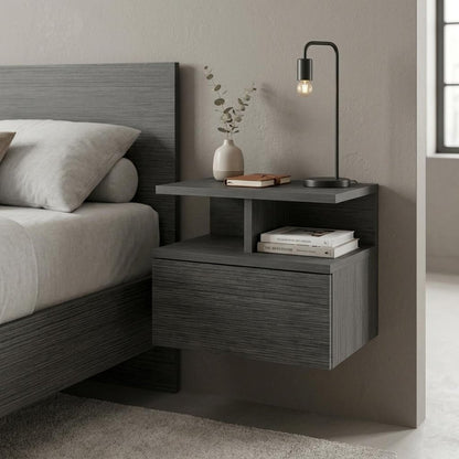 13" Dark Gray Wood One Drawer Floating Nightstand