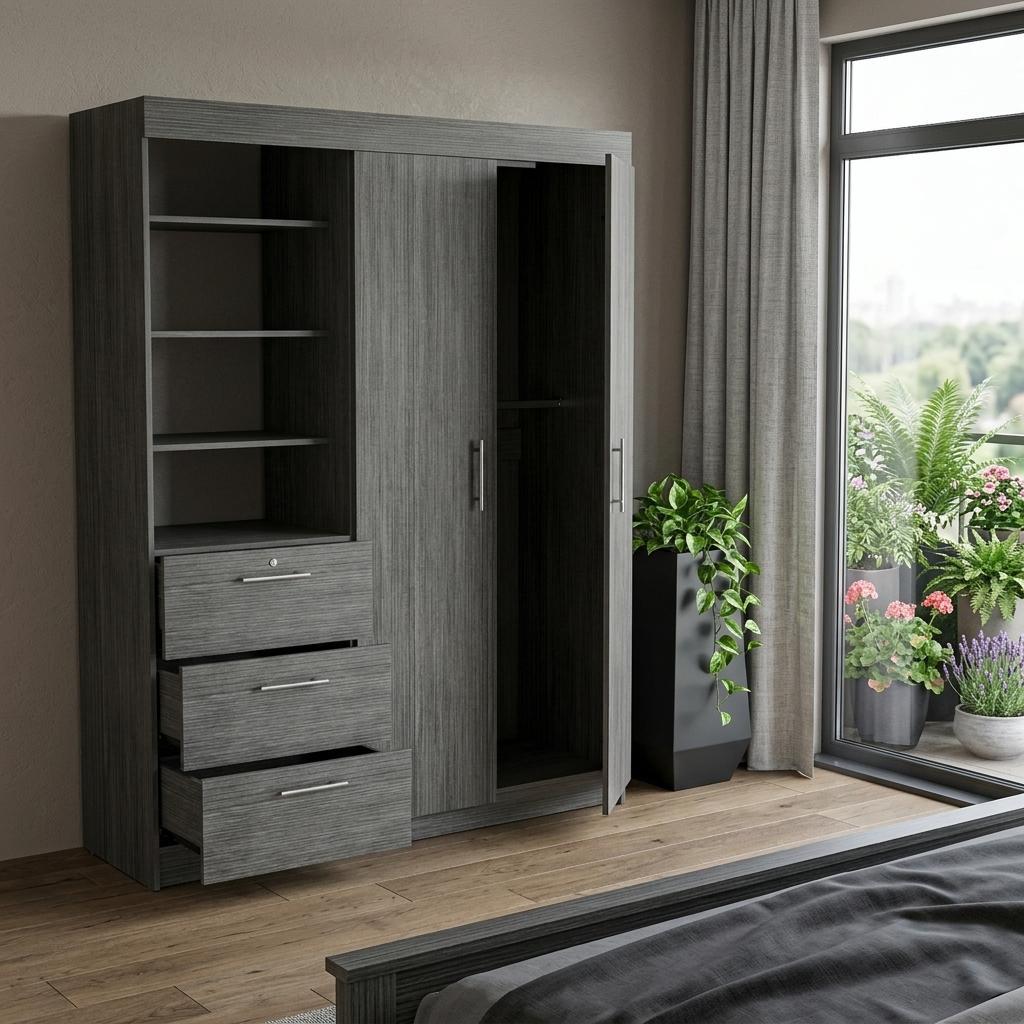 79" Gray Wood Two Door Three Drawer Combo Dresser