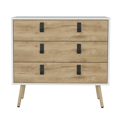 32" White and Natural Three Drawer Dresser