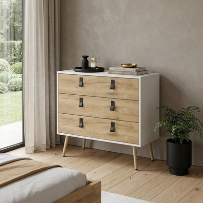 32" White and Natural Three Drawer Dresser