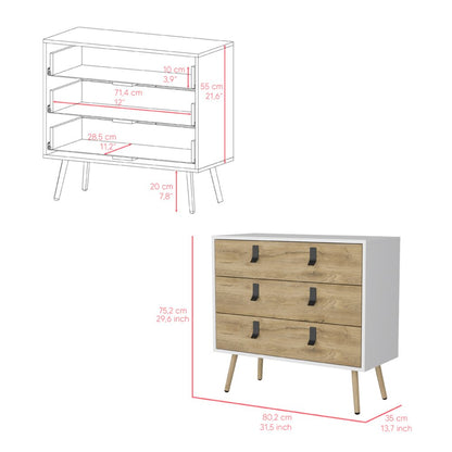 32" White and Natural Three Drawer Dresser