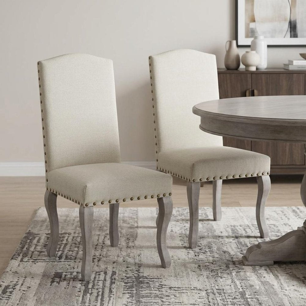 Set of Two Beige And Gray Upholstered Fabric Dining Parsons Chairs