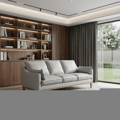 87" Gray Leather Sofa And Toss Pillows With Brown Legs