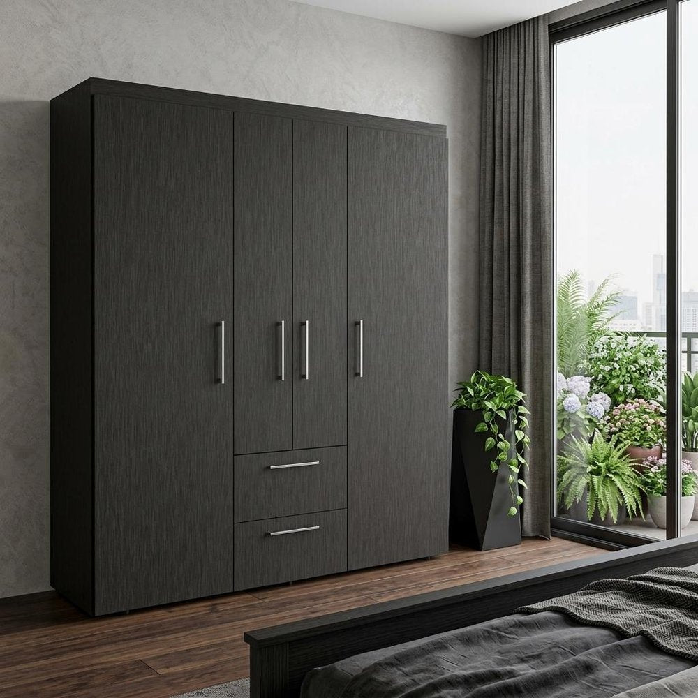 70" Black Wood Four Door Two Drawer Combo Dresser