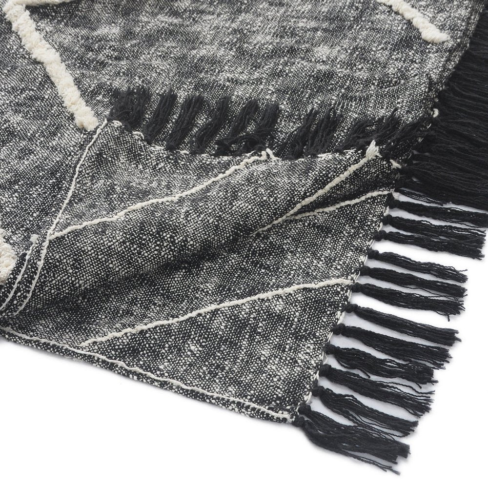 Charcoal and Off White Geometric Twin Cotton Coverlet With Fringe