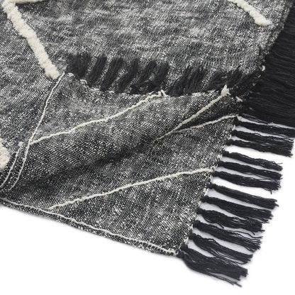 Charcoal and Off White Geometric Twin Cotton Coverlet With Fringe