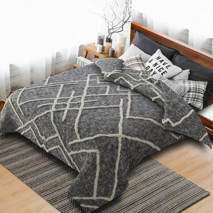 Charcoal and Off White Geometric Twin Cotton Coverlet With Fringe