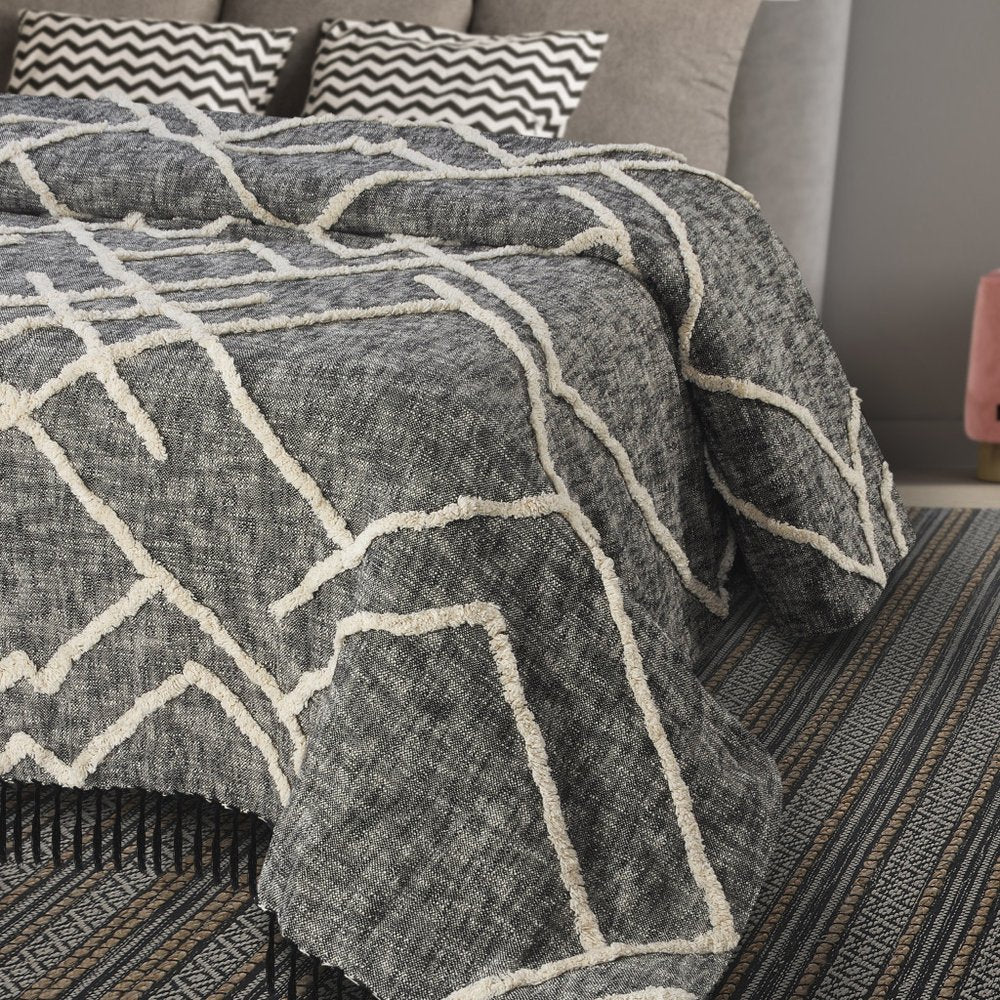 Charcoal and Off White Geometric Twin Cotton Coverlet With Fringe