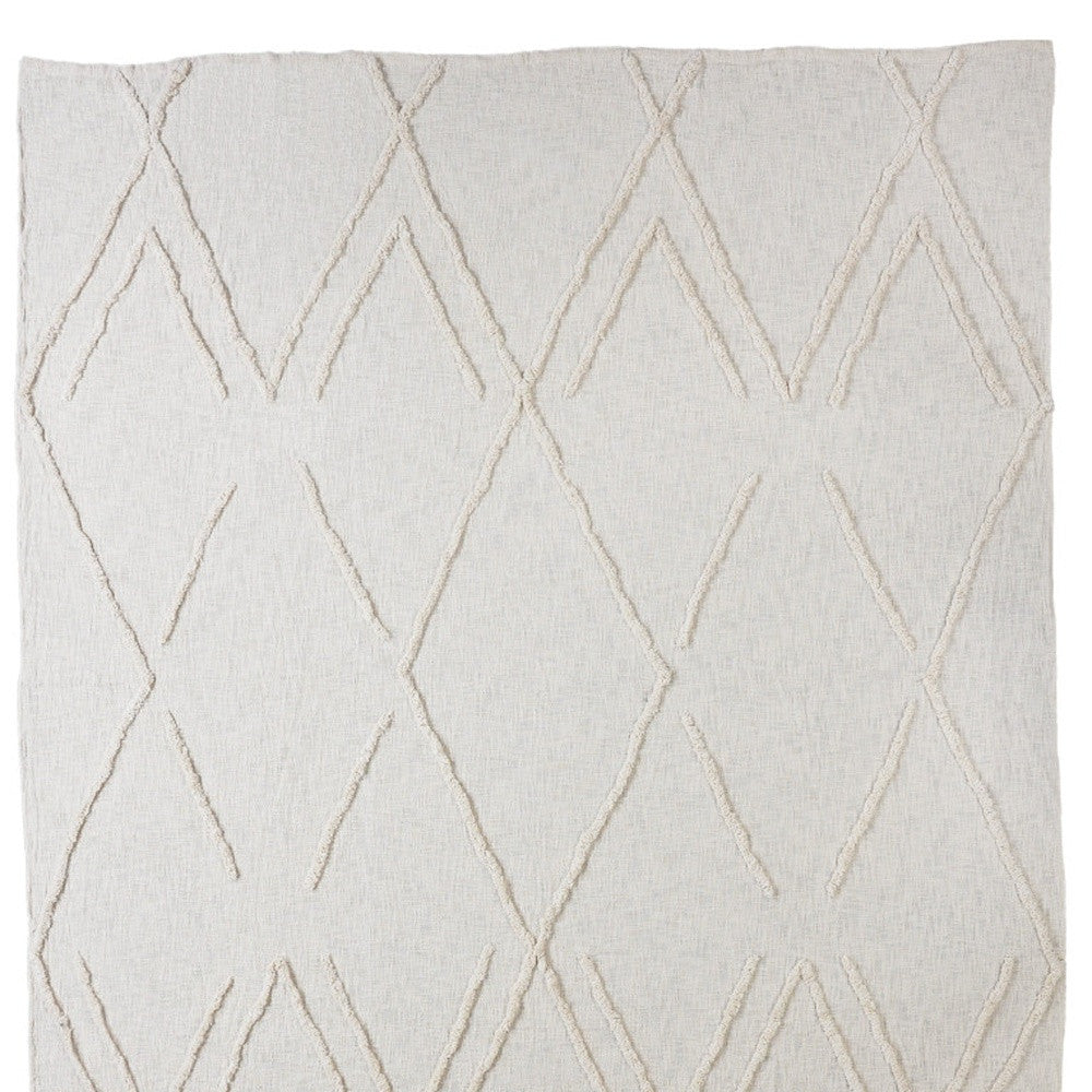Ivory Geometric King Cotton Coverlet With Fringe
