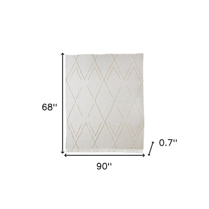 Ivory Geometric Twin Cotton Coverlet With Fringe