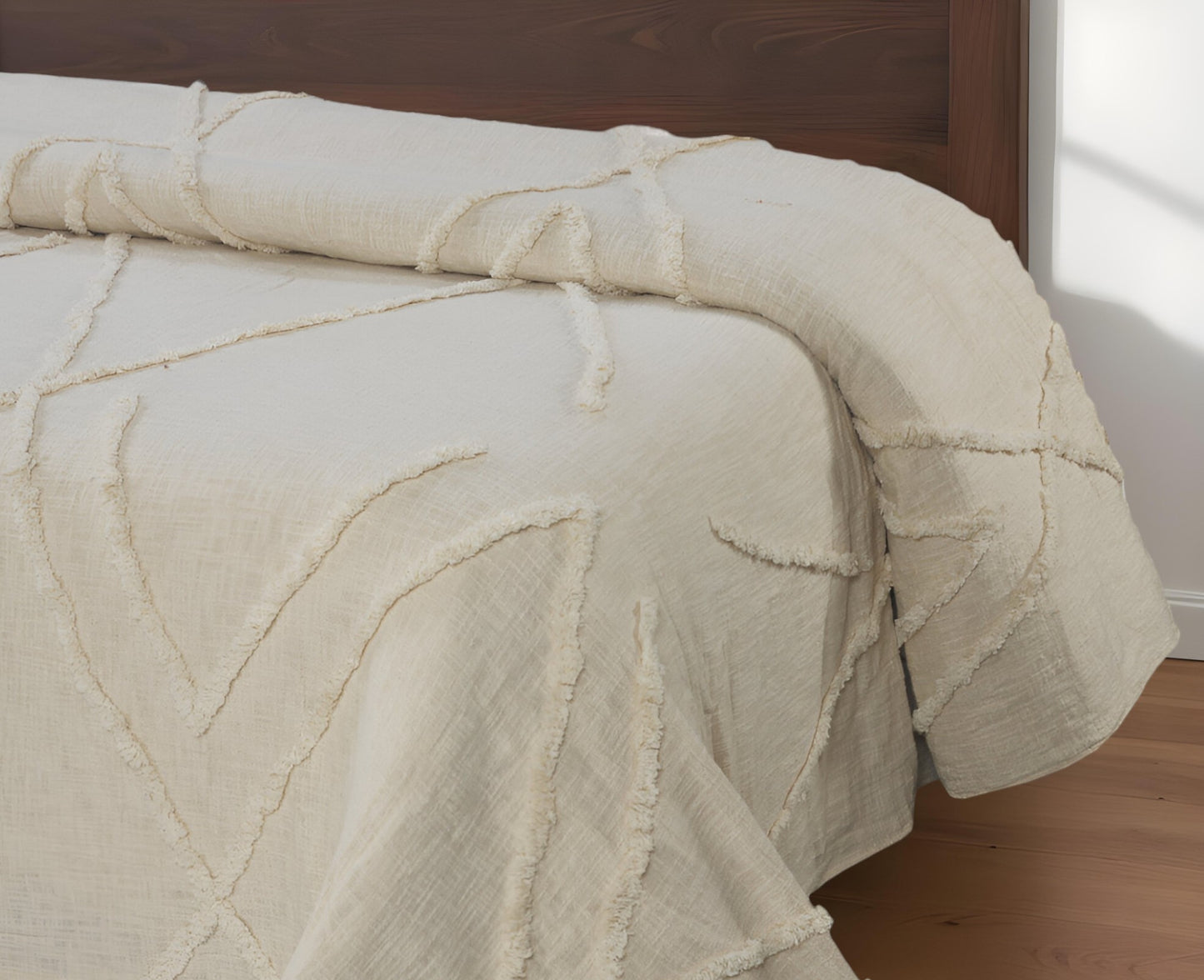 Ivory Geometric King Cotton Coverlet With Fringe