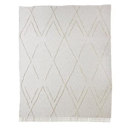 Ivory Geometric Twin Cotton Coverlet With Fringe