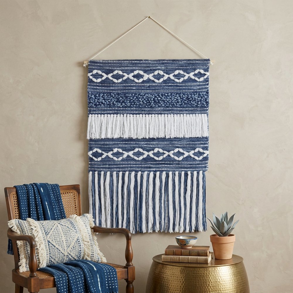 26" X 51" Denim Blue And White Geometric Cotton Macrame Hanging Tapestry