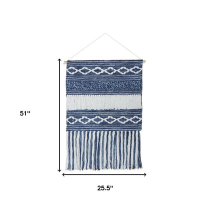 26" X 51" Denim Blue And White Geometric Cotton Macrame Hanging Tapestry