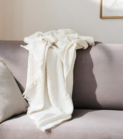 47" X 60" Beige Cotton Woven Turkish Towel Throw Blanket with Fringe