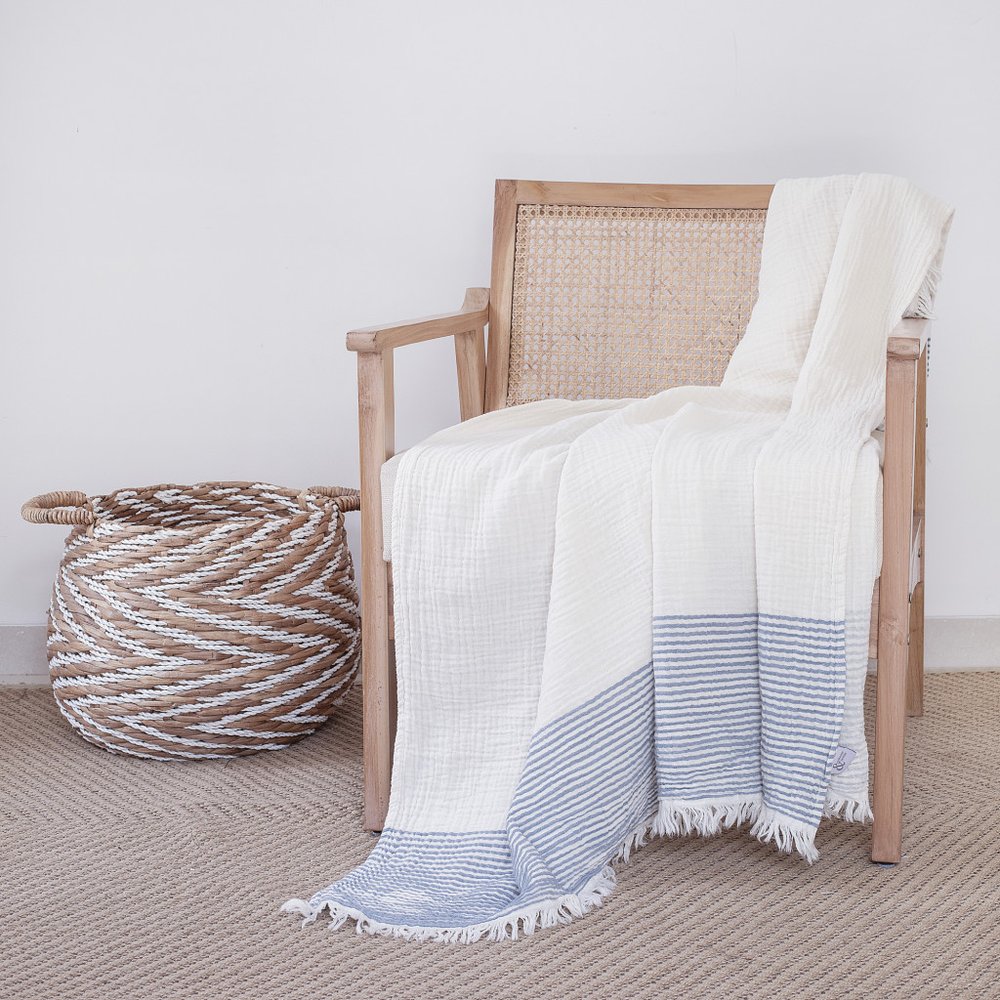 47" X 60" Blue and Ivory Cotton Woven Striped Throw Blanket with Fringe