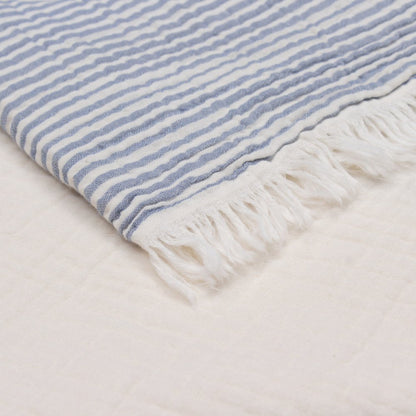 47" X 60" Blue and Ivory Cotton Woven Striped Throw Blanket with Fringe