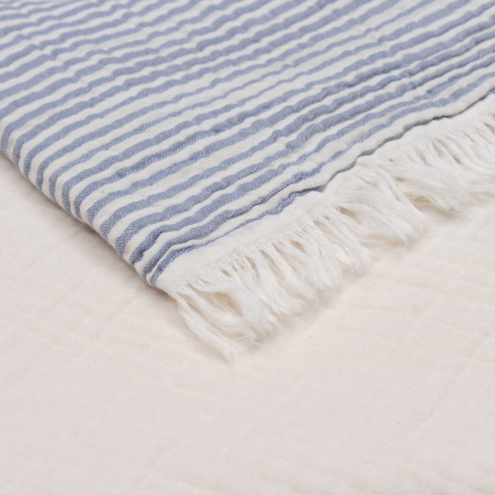 47" X 60" Blue and Ivory Cotton Woven Striped Throw Blanket with Fringe