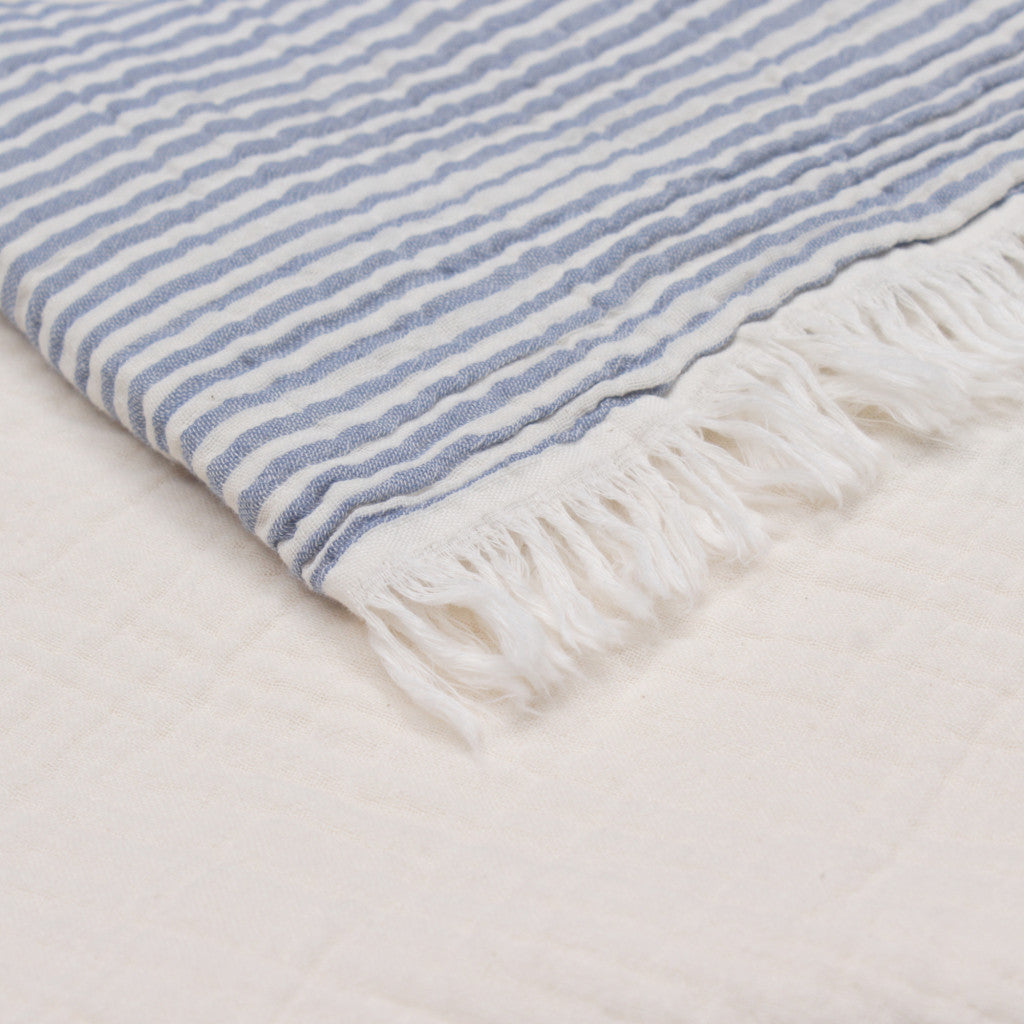 47" X 60" Blue and Ivory Cotton Woven Striped Throw Blanket with Fringe