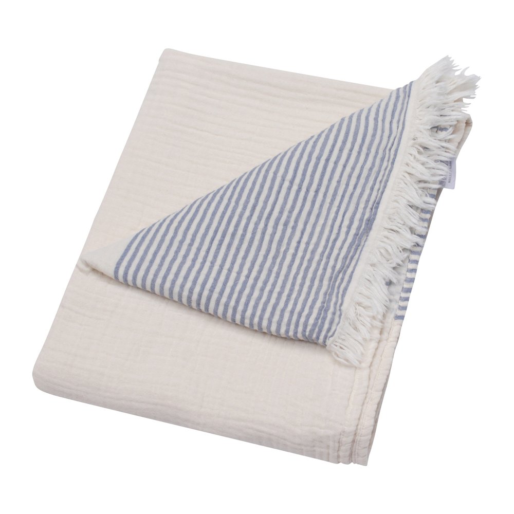 47" X 60" Blue and Ivory Cotton Woven Striped Throw Blanket with Fringe
