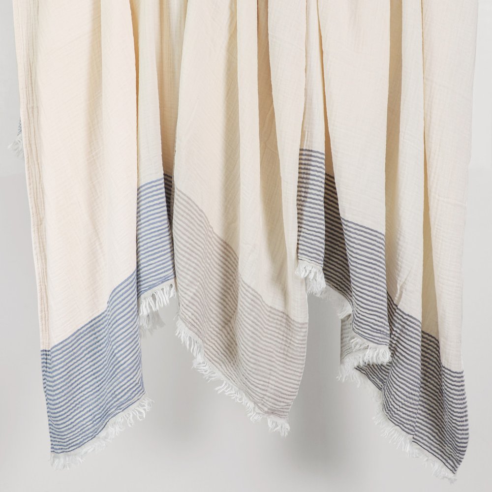 47" X 60" Blue and Ivory Cotton Woven Striped Throw Blanket with Fringe