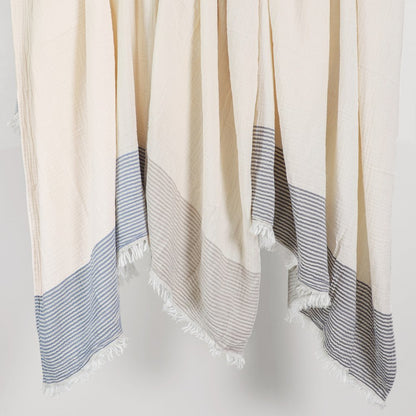 47" X 60" Blue and Ivory Cotton Woven Striped Throw Blanket with Fringe