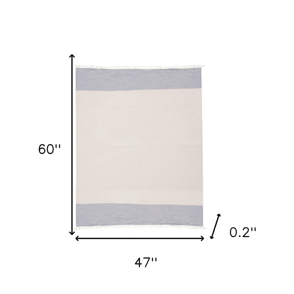 47" X 60" Blue and Ivory Cotton Woven Striped Throw Blanket with Fringe