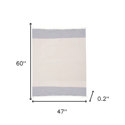 47" X 60" Blue and Ivory Cotton Woven Striped Throw Blanket with Fringe