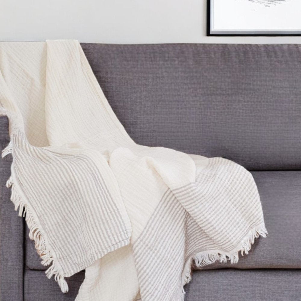 47" X 60" Blue and Ivory Cotton Woven Striped Throw Blanket with Fringe