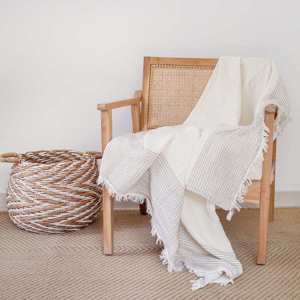 47" X 60" Blue and Ivory Cotton Woven Striped Throw Blanket with Fringe