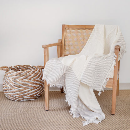 47" X 60" Blue and Ivory Cotton Woven Striped Throw Blanket with Fringe