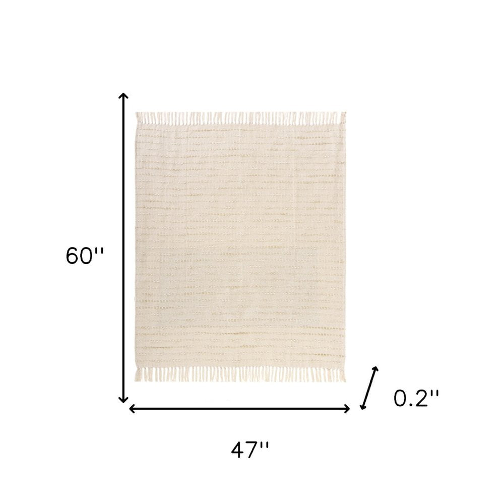 50" X 60" White and Beige Cotton Blend Woven Striped Throw Blanket with Fringe