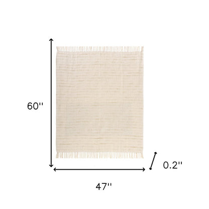 50" X 60" White and Beige Cotton Blend Woven Striped Throw Blanket with Fringe