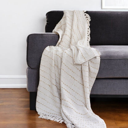 50" X 60" White and Beige Cotton Blend Woven Striped Throw Blanket with Fringe