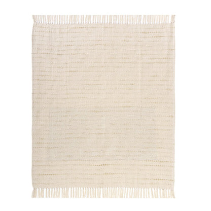 50" X 60" White and Beige Cotton Blend Woven Striped Throw Blanket with Fringe