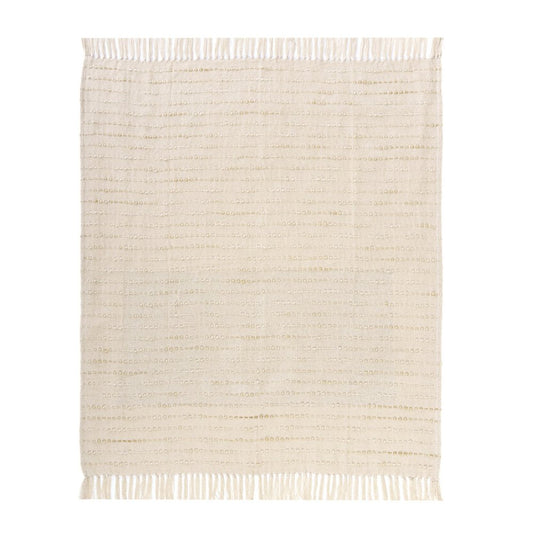 50" X 60" White and Beige Cotton Blend Woven Striped Throw Blanket with Fringe