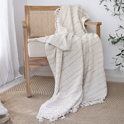 50" X 60" White and Beige Cotton Blend Woven Striped Throw Blanket with Fringe