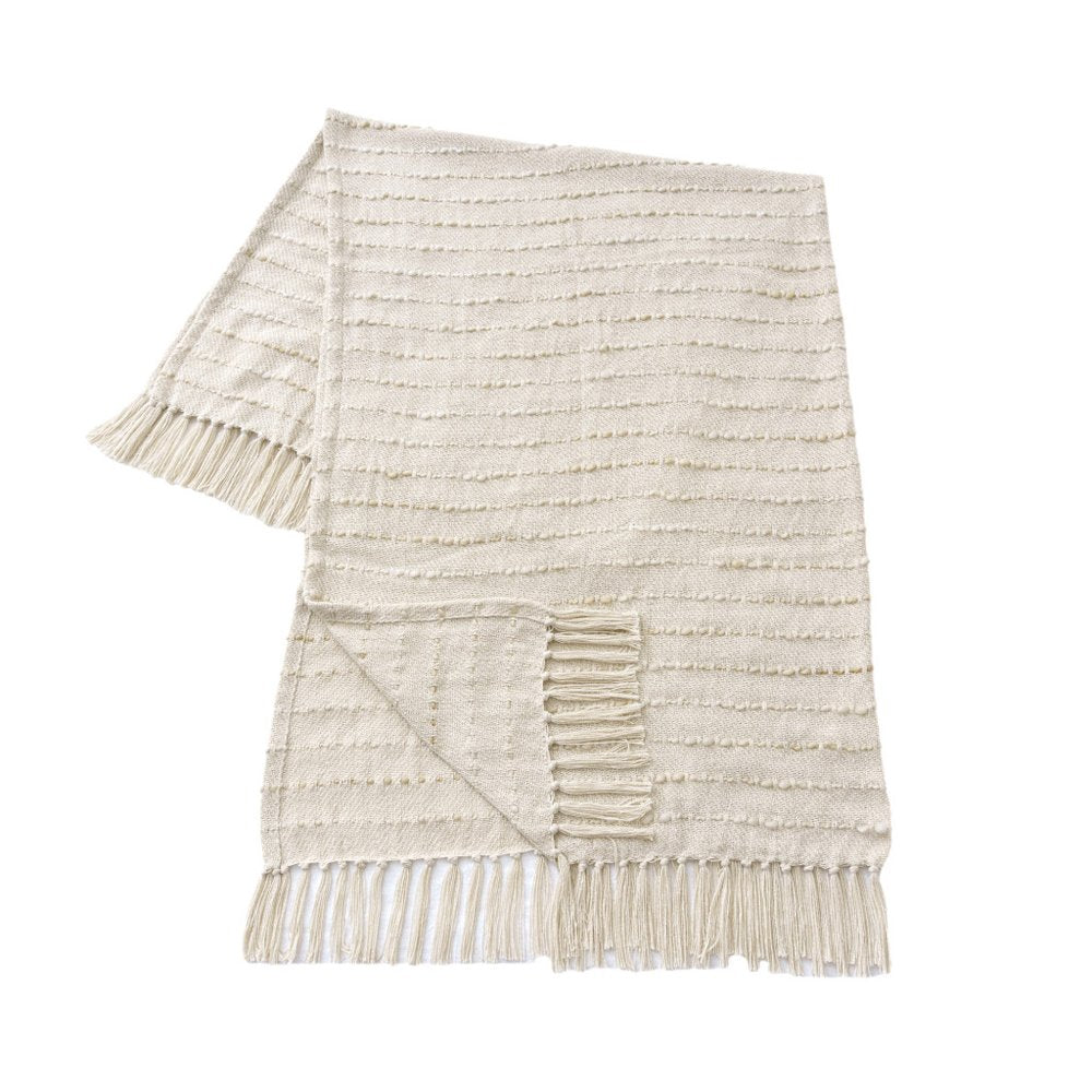 50" X 60" White and Beige Cotton Blend Woven Striped Throw Blanket with Fringe