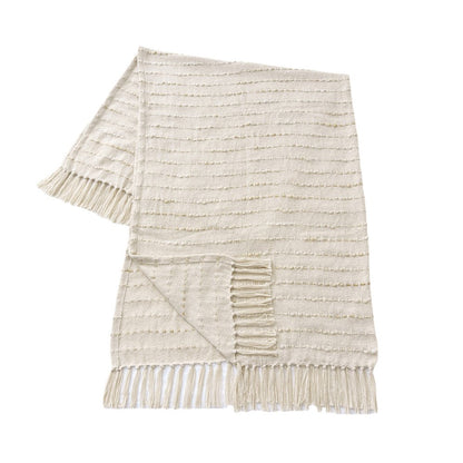 50" X 60" White and Beige Cotton Blend Woven Striped Throw Blanket with Fringe