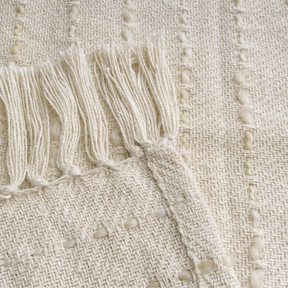 50" X 60" White and Beige Cotton Blend Woven Striped Throw Blanket with Fringe