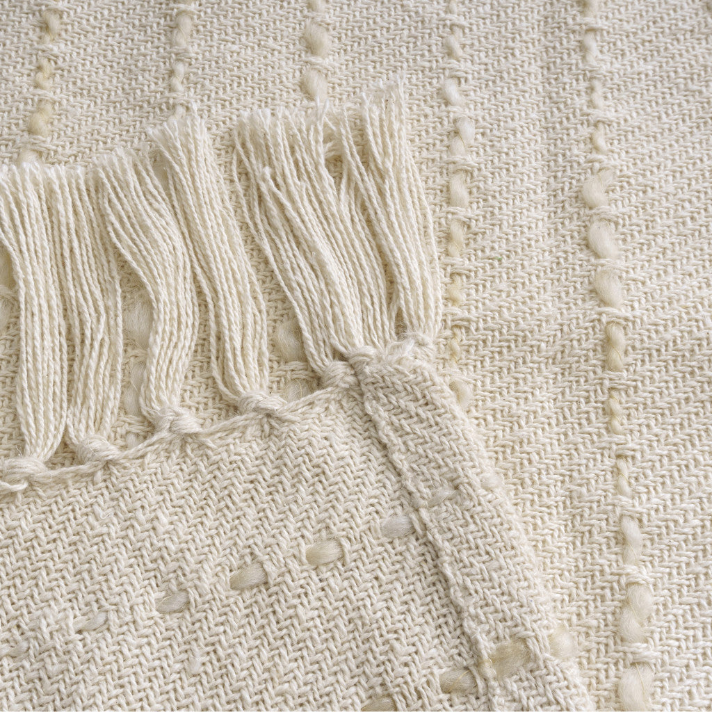 50" X 60" White and Beige Cotton Blend Woven Striped Throw Blanket with Fringe