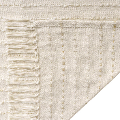 50" X 60" White and Beige Cotton Blend Woven Striped Throw Blanket with Fringe