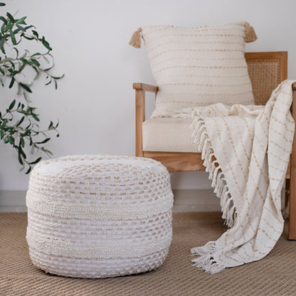 50" X 60" White and Beige Cotton Blend Woven Striped Throw Blanket with Fringe