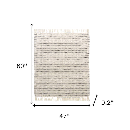 50" X 60" White and Beige Cotton Blend Woven Striped Throw Blanket with Fringe