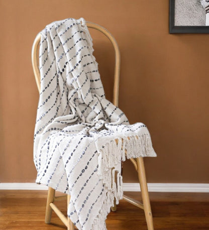 50" X 60" White and Beige Cotton Blend Woven Striped Throw Blanket with Fringe