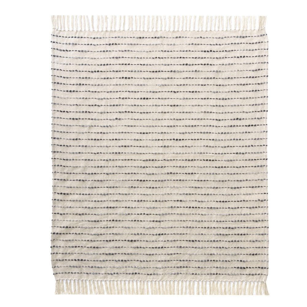 50" X 60" White and Beige Cotton Blend Woven Striped Throw Blanket with Fringe