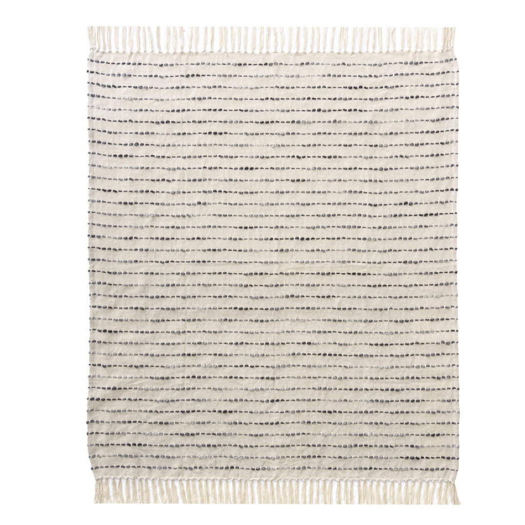50" X 60" White and Beige Cotton Blend Woven Striped Throw Blanket with Fringe